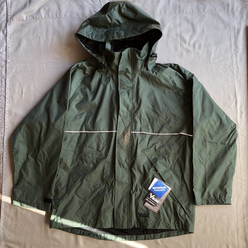 Viking Journeyman 420D Rain Jacket Mens L Green Waterproof Hooded NWT Flaw Work